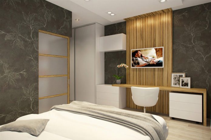 slaapkamer met een werkplek in het ontwerp van een appartement van 58 m². m.