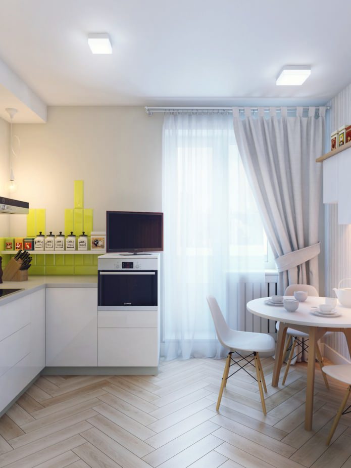 cucina nel design degli interni di un monolocale di 37 mq. m.