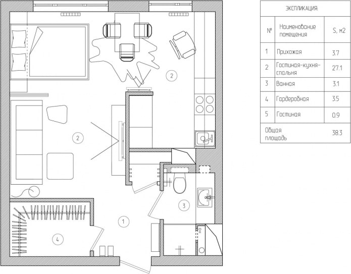 distribució interior d'un apartament d'una habitació de 39 metres quadrats m.