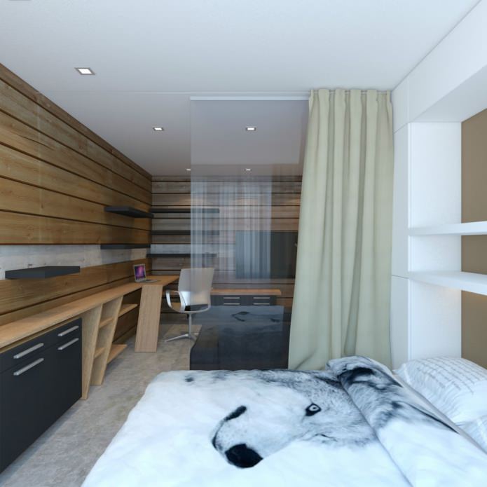غرفة نوم في تصميم شقة استوديو بمساحة 33 مترًا مربعًا. م.
