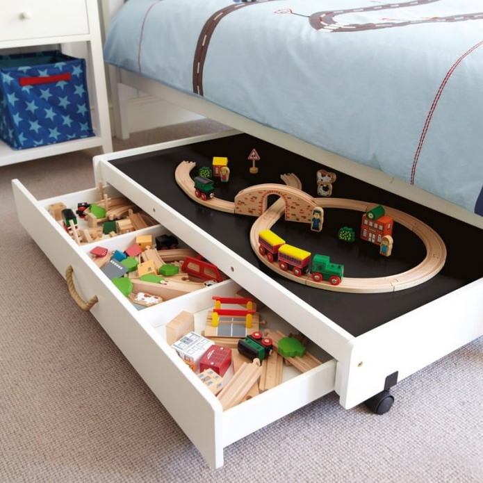 συρτάρια στο κρεβάτι για αποθήκευση παιχνιδιών στο παιδικό δωμάτιο