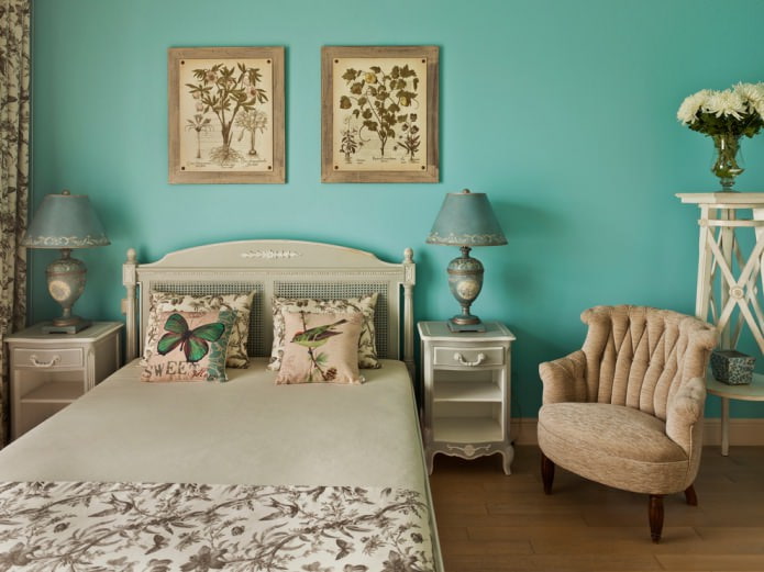 phòng ngủ màu be và xanh ngọc