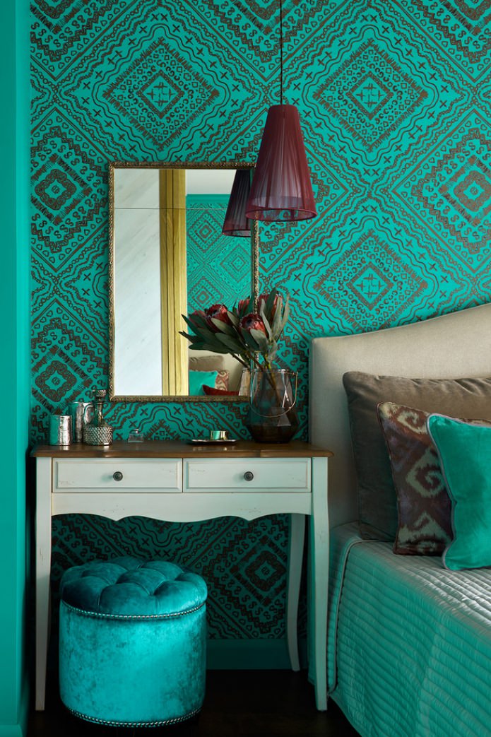 murs turquoise dans la chambre
