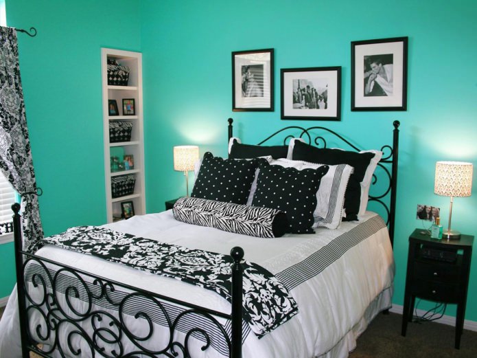 phòng ngủ màu đen và xanh ngọc