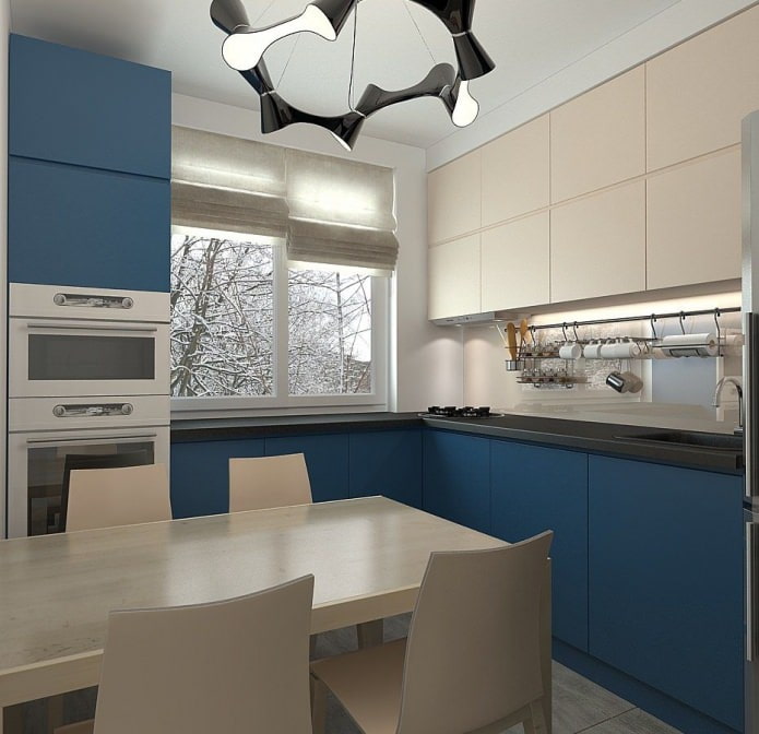 nhà bếp trong thiết kế của một căn hộ ba phòng trong một ngôi nhà bảng