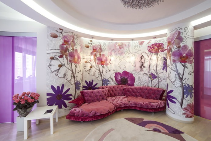 Kertas dinding yang indah untuk ruang tamu dengan warna merah jambu