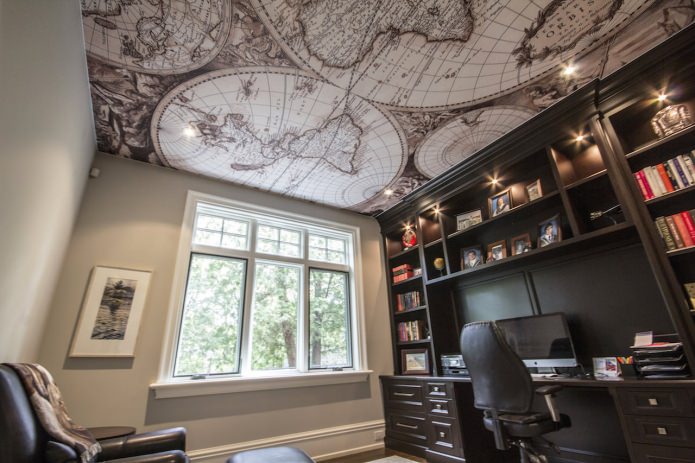 pasaulio žemėlapis ant lubų biure