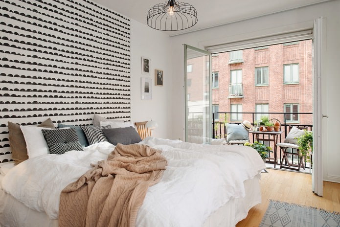עיצוב פנים של חדר שינה שוודי עם מרפסת