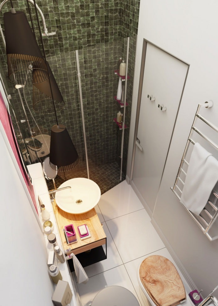 bilik mandi di bahagian dalam apartmen 15 sq. m.