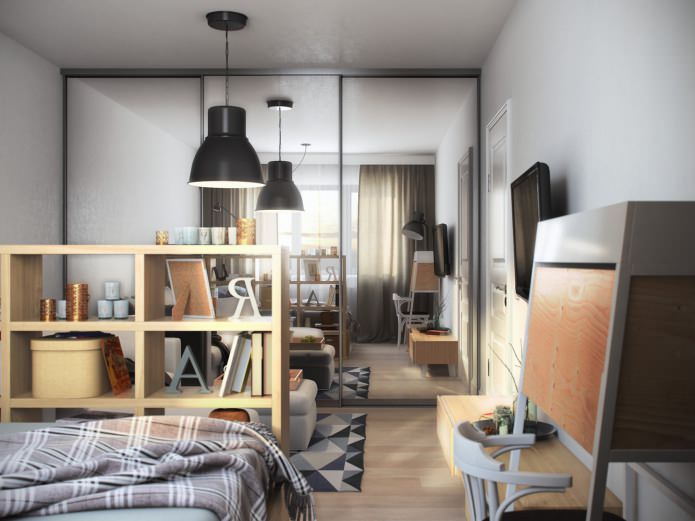 woonkamer-slaapkamer in het ontwerp van een studio-appartement van 36 m². m.