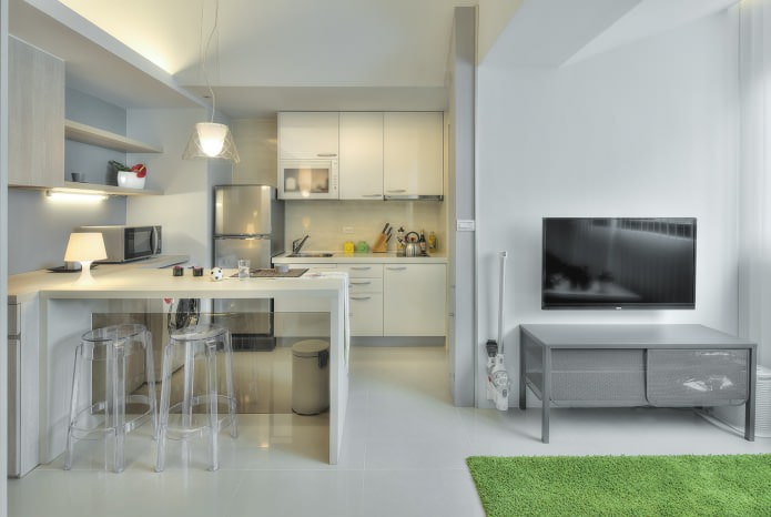 virtuvė su baro prekystaliu interjero dizaino studijos tipo apartamentuose