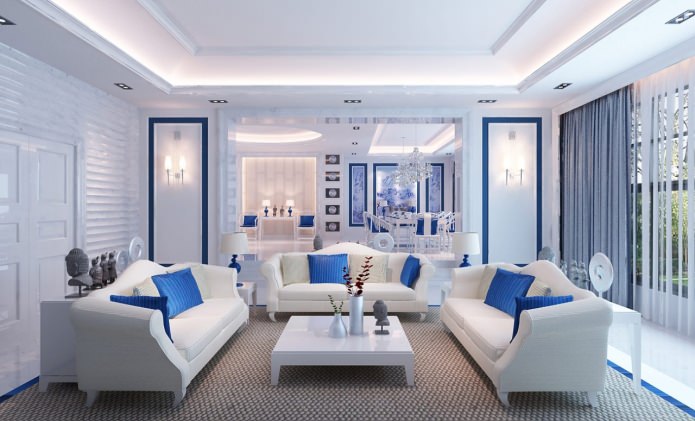 Obývacia izba v modrej a bielej farbe