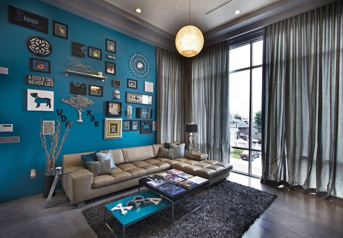 obývacia izba v modrej farbe