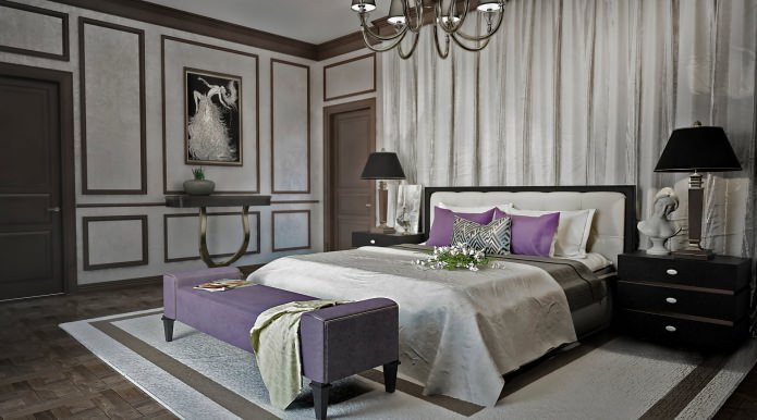 Szare ściany w sypialni w klasycznym stylu