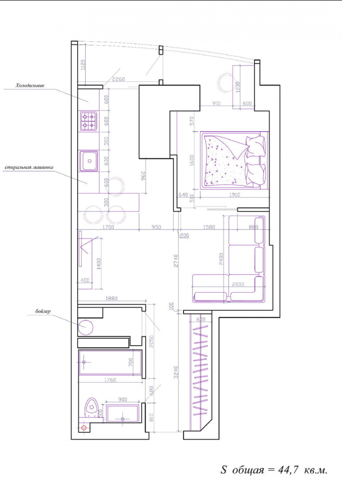 distribució d'un apartament d'una habitació de 45 metres quadrats m.