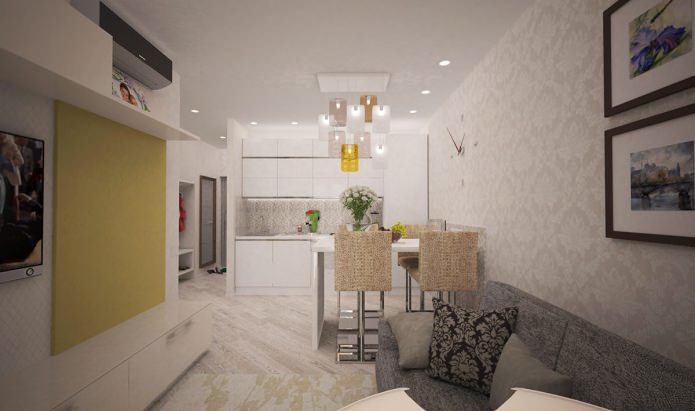 kuchyňa-obývacia izba v dizajne dvojizbového bytu o rozlohe 44 štvorcových. m.
