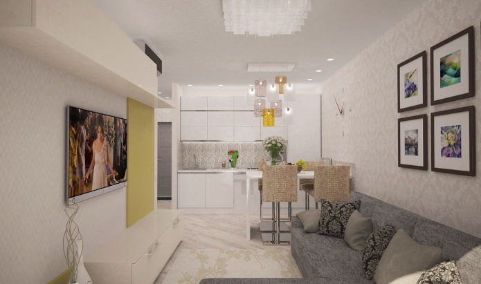 غرفة معيشة ومطبخ في تصميم شقة من غرفتين مساحتها 44 مترًا مربعًا. م.