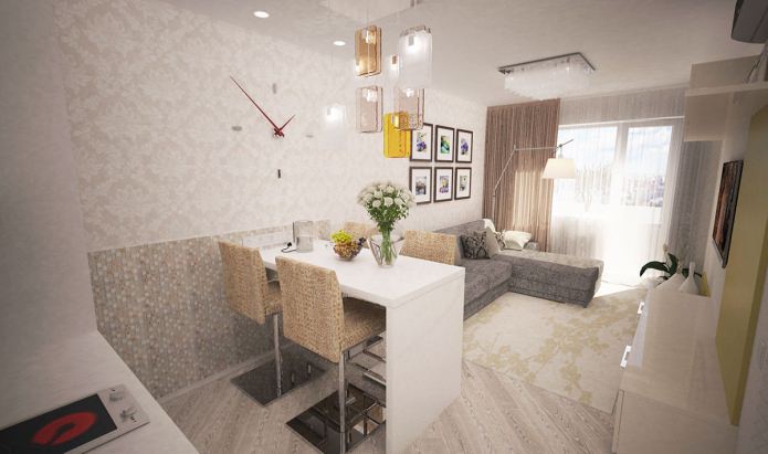kuchyň-obývací pokoj v designu dvoupokojového bytu o rozloze 44 m2. m.