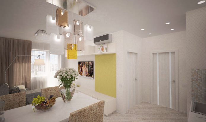 nhà bếp-phòng khách trong thiết kế của một căn hộ hai phòng của 44 mét vuông. m.