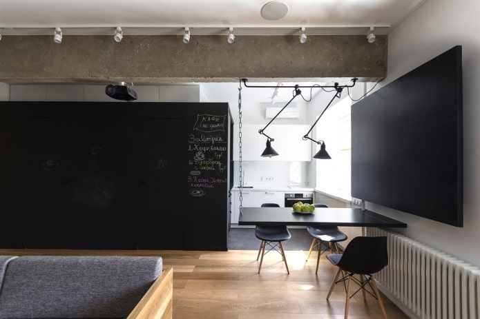 kuchnia-salon w projekcie trzypokojowego mieszkania o powierzchni 80 m2 m.
