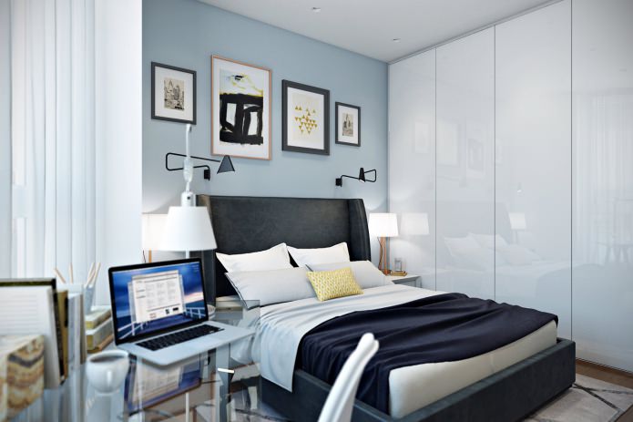 Phòng ngủ với một nơi làm việc trong thiết kế của một căn hộ 41 mét vuông. m.