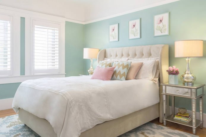 dekoracja sypialni w pastelowych zielonych kolorach