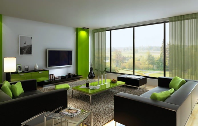 Zelený obývací pokoj interiér