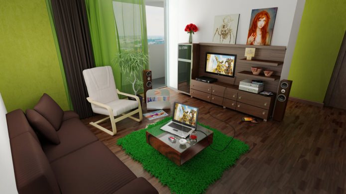 zelený interiér obývacej izby