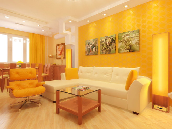 Dzīvojamās istabas fotoattēls dzeltenā krāsā