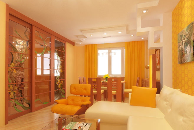 Fotografie obývacího pokoje ve žluté barvě
