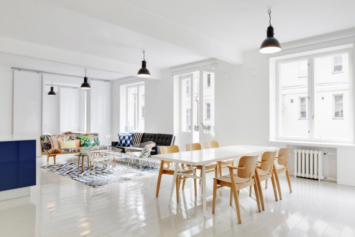sàn bóng trắng trong thiết kế phòng phong cách Scandinavian