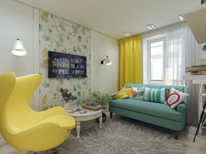 غرفة معيشة في تصميم شقة مساحتها 80 مترًا مربعًا. م.