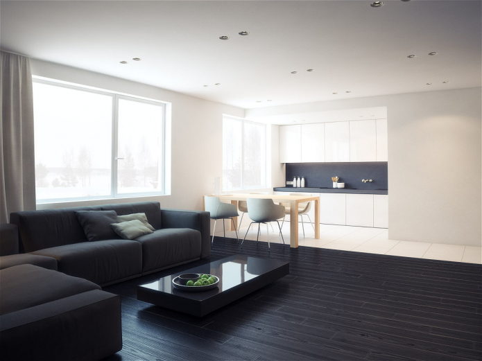 čiernobiely dizajn kuchyňa-obývacia izba