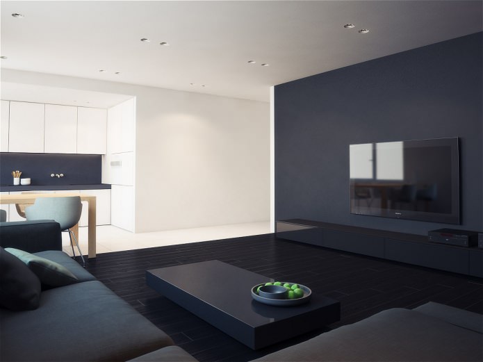 černobílý design kuchyně a obývacího pokoje