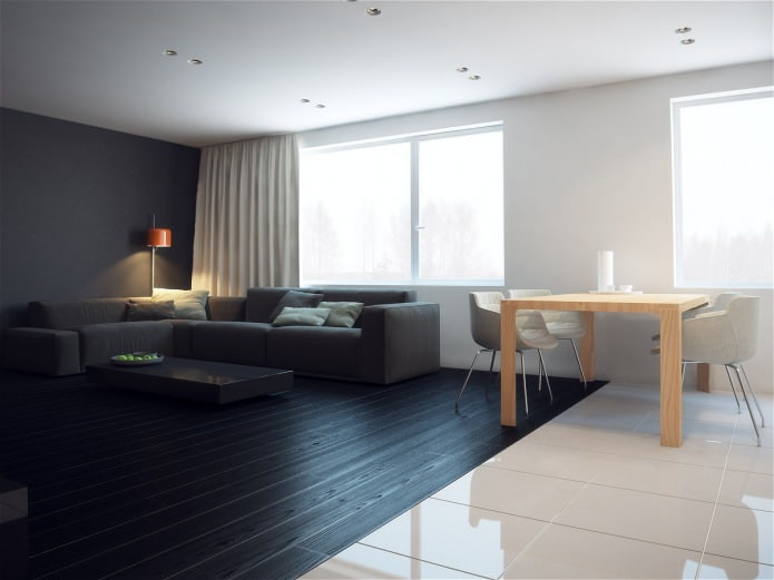 černobílý design kuchyně a obývacího pokoje