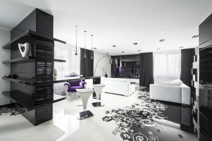 nội thất màu đen và trắng của căn phòng với sự bổ sung của màu tím