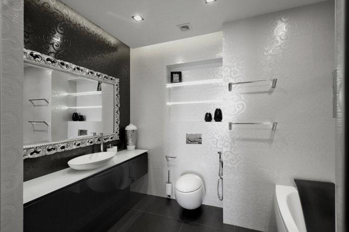 Mustavalkoinen kylpyhuoneen sisustus