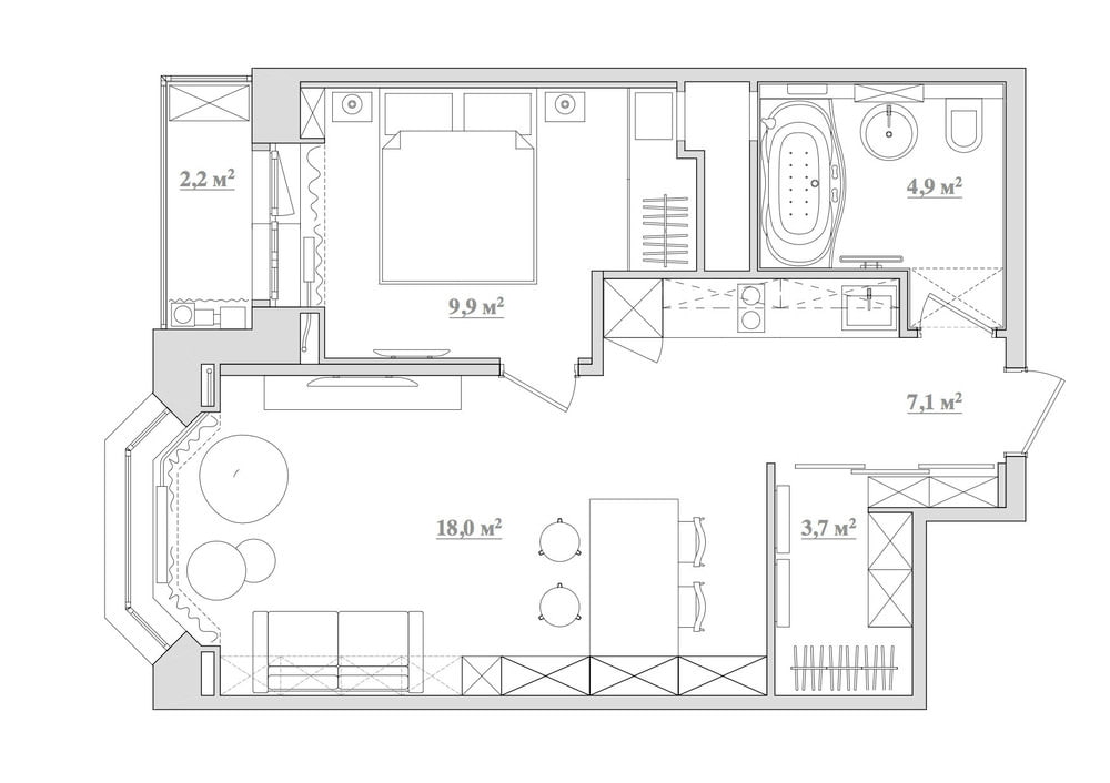 تخطيط شقة من غرفتين 43 متر مربع. م.
