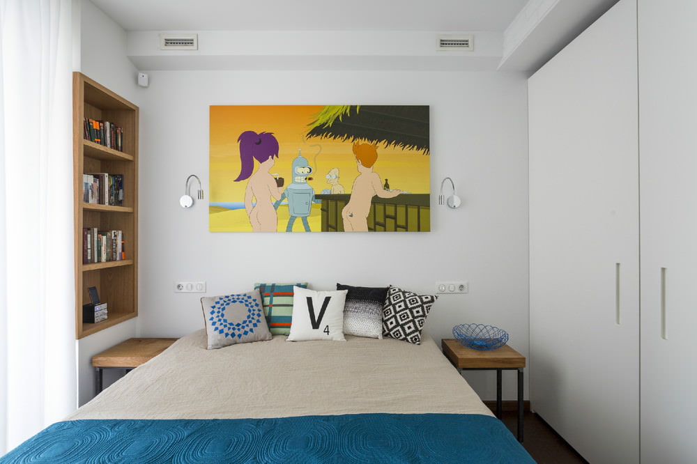 Phòng ngủ trong thiết kế của một căn hộ hai phòng có diện tích 43 mét vuông. m.