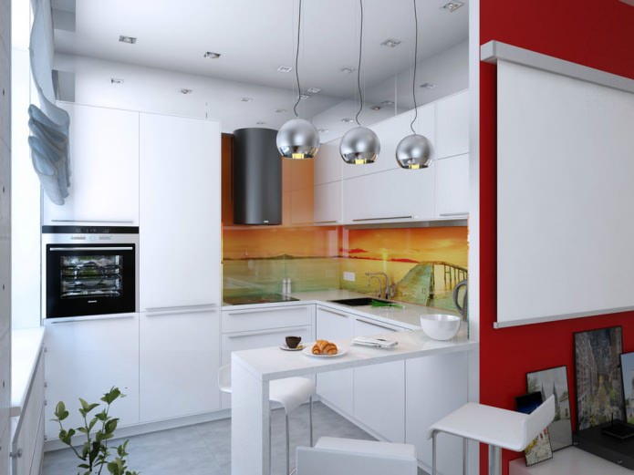 kuchyň s barovým pultem v designu bytu 47 m2. m.