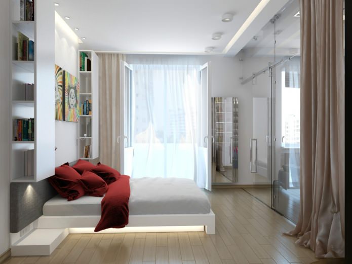 غرفة نوم في التصميم الداخلي لشقة استوديو مساحتها 47 مترًا مربعًا. م.