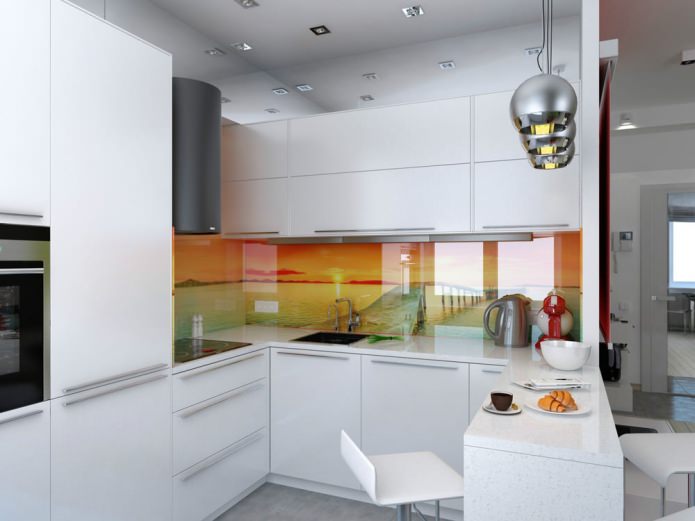 cuina amb taulell de barra en el disseny d’un apartament de 47 m². m.