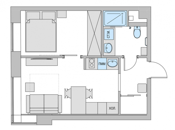 mažo dviejų kambarių buto išplanavimas