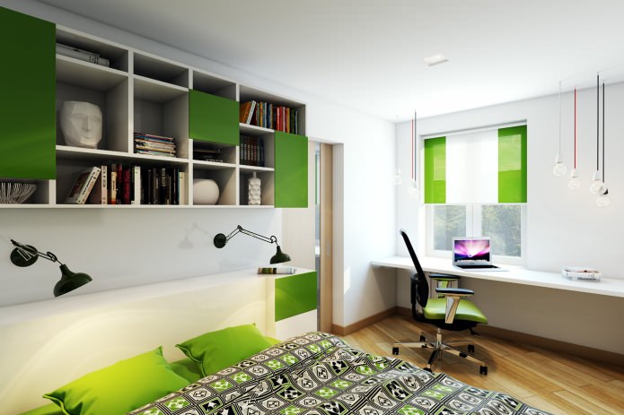 phòng ngủ trong thiết kế của một căn hộ hai phòng trong một ngôi nhà bảng