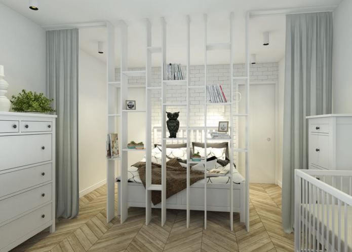 bilik tidur dengan tapak semaian dalam reka bentuk sebuah apartmen seluas 65 sq. m.
