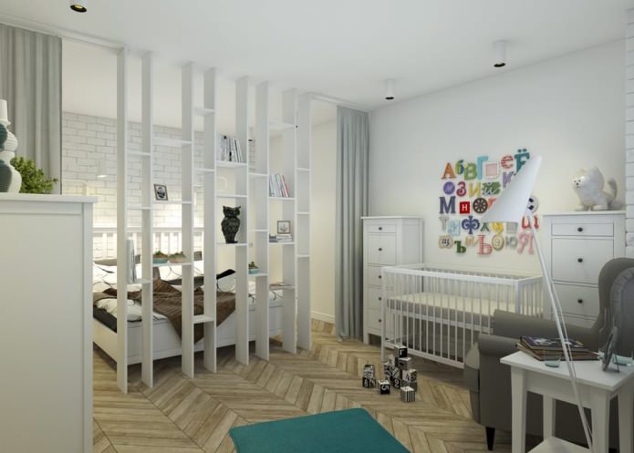dormitori amb un viver en el disseny d’un apartament de 65 m². m.