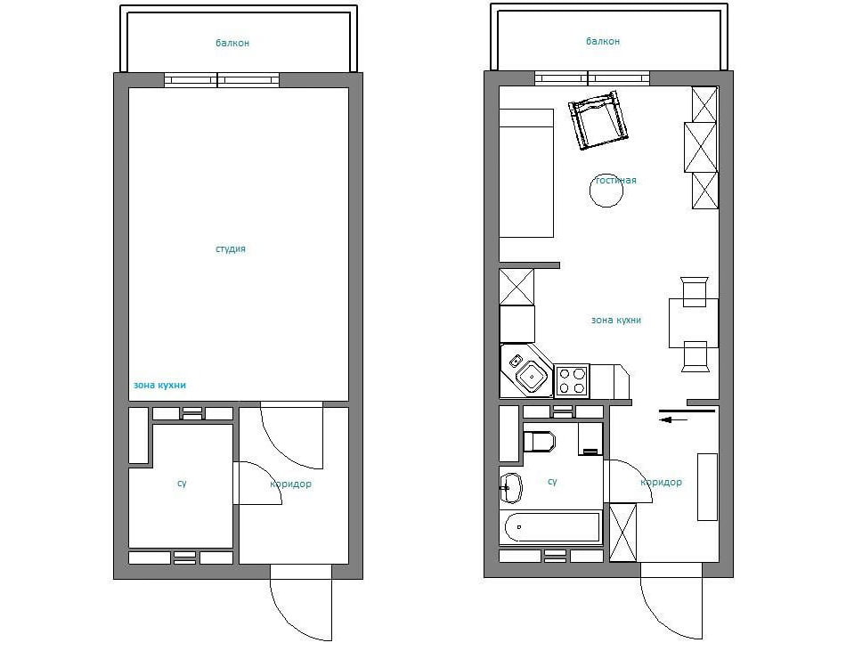 lay-out van het ontwerp van een studio-appartement 28 m². m.