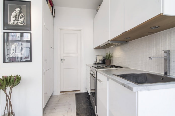 nhà bếp trong nội thất Thụy Điển của một căn hộ studio 34 sq. m.
