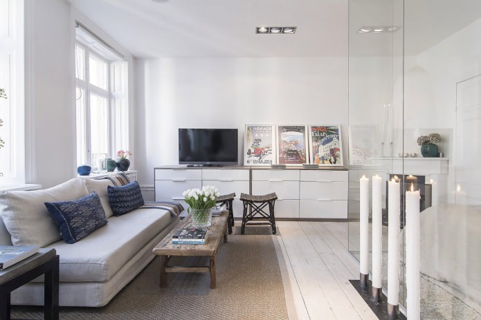 Švediškas studijos tipo apartamentų interjeras 34 kv. m.