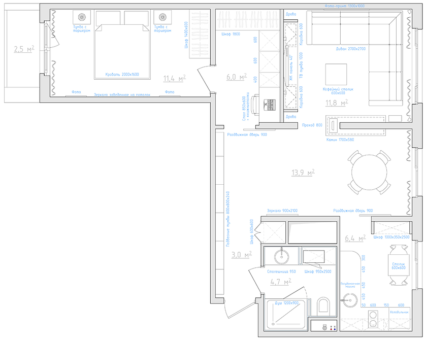 layout af en 3-værelses lejlighed 57 kvm. m.